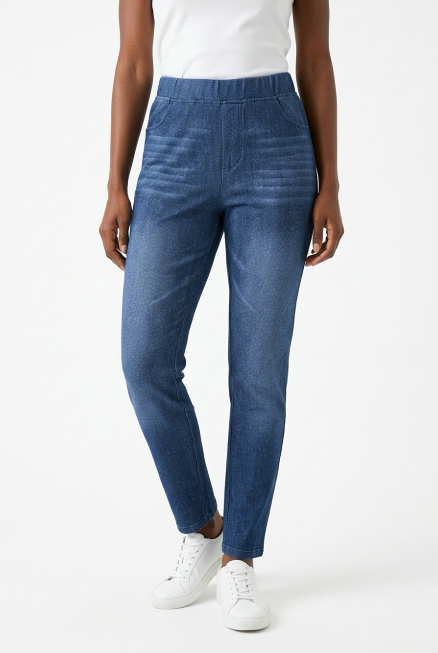 High Waisted Faux Denim Pull-On Jeggings Casual Stretch Printed Pants-LARGE